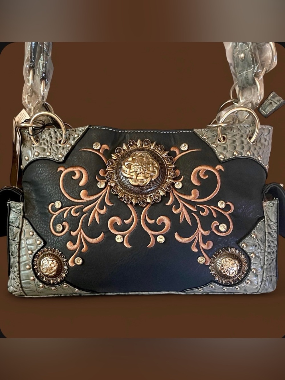 NWT Cowgirl Trendy Western Concealed Carry Purse Handbag Charcoal Bling CAO 8469